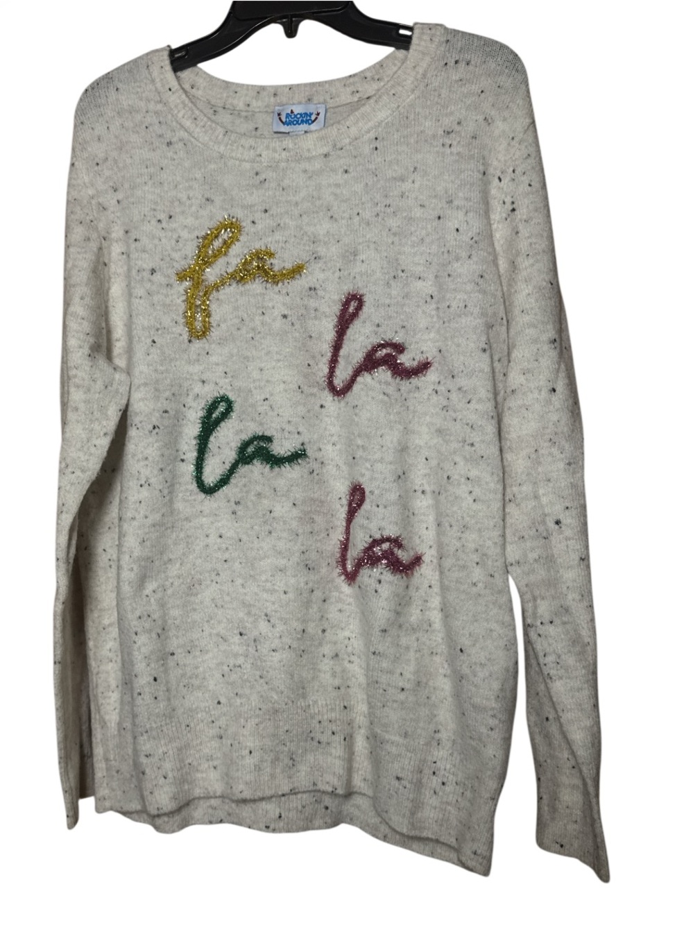 Christmas Cozy Ivory 'Fa La La' Crewneck Sweater Festive Knit Pullover - Size L
